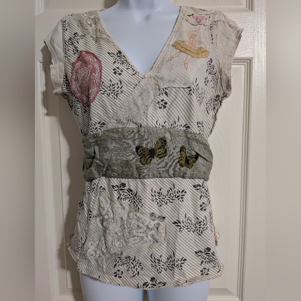Free People Cream & Green Mixed-Print Ballerina Patchwork Blouse